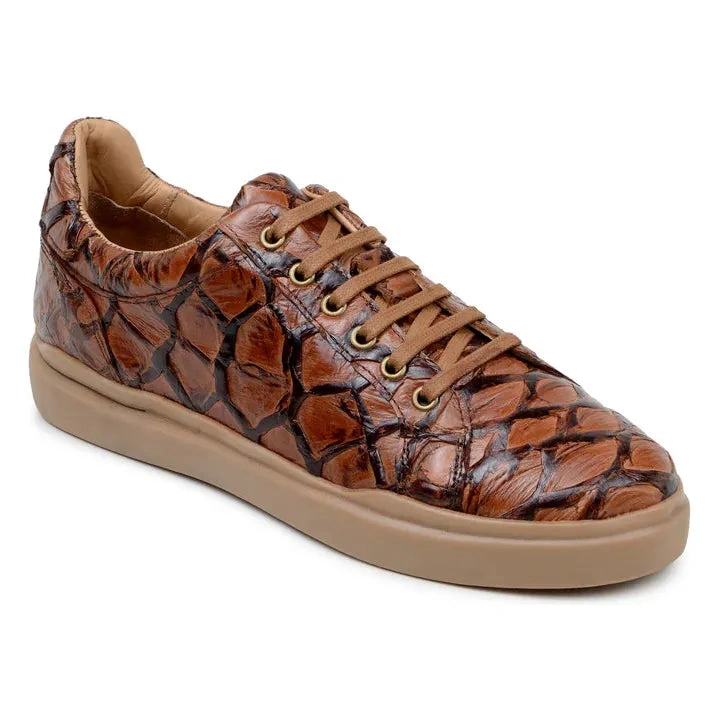Sneakers Belvedere Pirarucu Antiguo: Elegancia Exclusiva en Piel Exótica, Estilo Kingstone, Color Almendra.